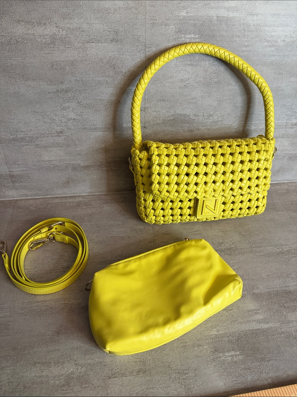 Yellow Woven Shoulder Bag with Removable pouch & strap - Picture 1 of 12